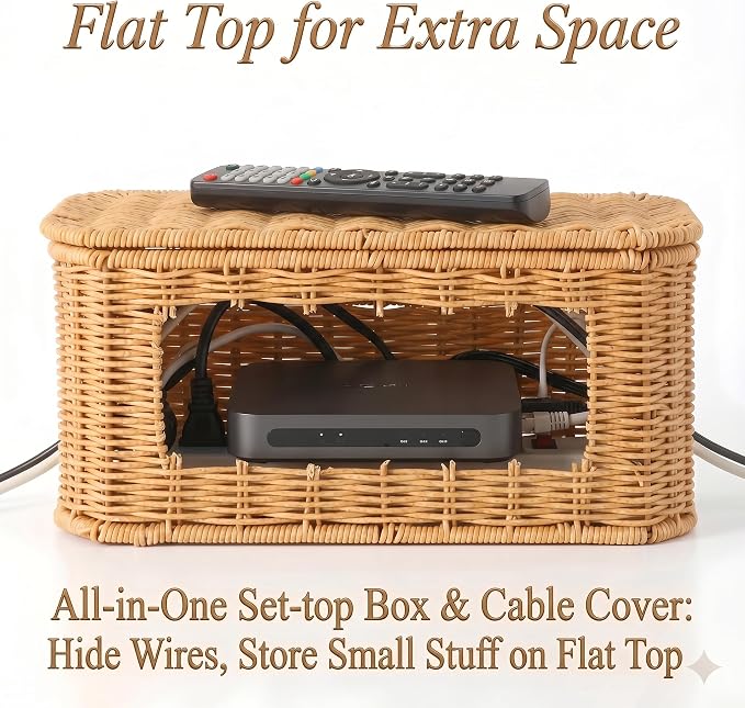 Large Cable Management Box with Lid, Wicker Basket Hides Power Strips, TV Boxes & Routers