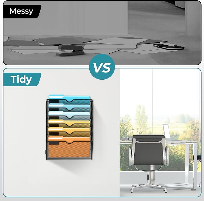 SUPEASY 6 Tier Wall File Organizer, Hanging Wall Mounted Mail Organizer with Label Slots, Metal Mesh File Holder Magazine Rack for Office, Home, School or Classroom, Black, 2Pack