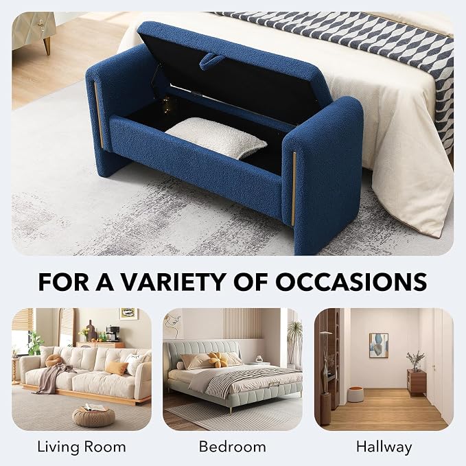 NIOIIKIT 52" Storage Ottoman Bench, Teddy Upholstered Storage Bench with Armrest, Entryway Bench with Pull-Ring, End of Bed Bench, Window Bench for Living Room (Blue)
