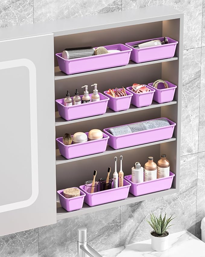 Canfanni 13 Pack Plastic Drawer Organizers Set, 3 Sizes Desk Drawer Organizer Trays for Vanity and Makeup Organizer, Organization and Storage for Makeup, Kitchen Utensils, Bathroom and Office(Purple)