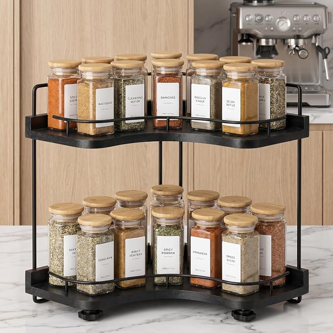 2-Tier Bathroom Counter Organizer, Solid Wood Corner Shelf for Vanity Countertop, Skincare & Makeup Storage Organizer with Metal Frame, Kitchen Counter Storage, Black