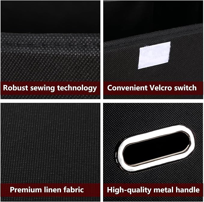 STOREONE Fabric Storage Cube Bins Foldable Organizer Container Collapsible Basket with Lids and Metal Handles, for Home, Bedroom, Closet 6 Pcs (Black)