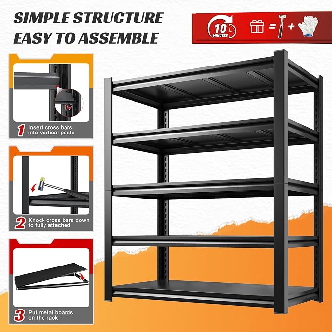 REIBII 5 Tier Garage Shelving for Garage, Adjustable Metal Shelving | 3000LBS Capacity, 36"W x 16"D x 72"H, Rust‑Resistant, Solid Steel, Fits Pantry, Commercial, Freestanding, Tool‑Free Assembly