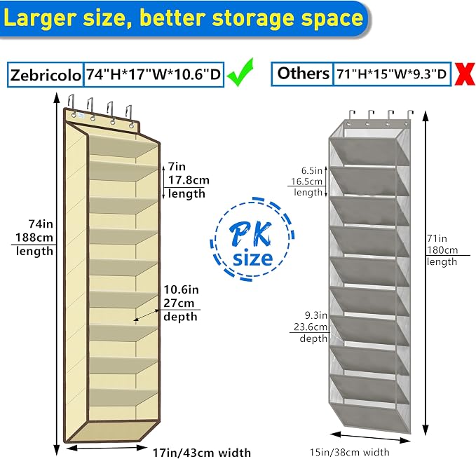 Over the Door Shoe Organizer, 20 to 30 Pairs Hanging Shoe Holder, Heavy Duty Extra Deep Pockets Shoe Storage for Closet, Anti-Scratch Hooks & FSC-Certified Bamboo - Beige