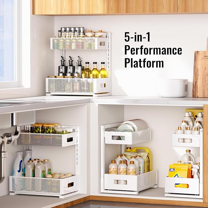 TISTAYA Under Sink Organizer, Bathroom Organizers and Storage, Cabinet Organizer Pottery Barn Furniture for Kitchen, Bathroom, Pantry, Laundry, Study, White,1XL, 2PCS
