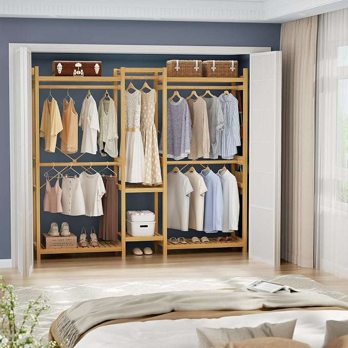 Bamboo Closet System Clothes Rack, Large Freestanding Garment Rack Clothing Rack for Hanging Clothes with 7 Storage Shelves and 5 Rods, Open Wardrobe Organizer with 4 Hooks, Natural