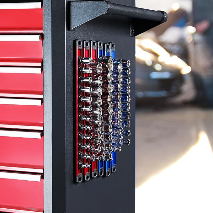 WORKPRO Magnetic Socket Organizer Set, 6-Piece 1/4” 3/8” 1/2” Socket Rails | 2-Piece 1/4-Inchx12 Clips, 2-Piece 3/8-Inchx10 Clips, 2-Piece 1/2-Inchx10 Clips, Aluminum Alloy, Rotatable & Movable Clip