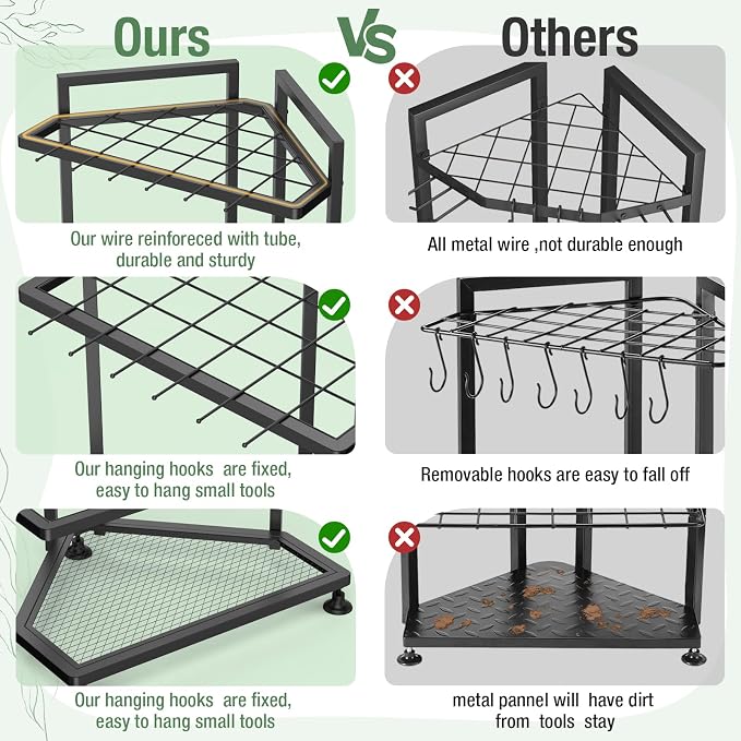 Garden Tool Organizer for Corner,Metal Yard Tool Organizer for Long-Handled Tools/Rakes/Brooms,Side Garden Pocket,Heavy Duty Steel Yard Tool Storage Rack for Garage,Shed, Outdoor