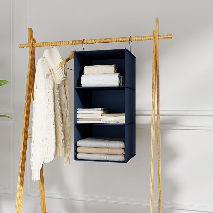 Hanging Closet Organizer 3-Shelf, Oxford Fabric Wardrobe Storage, Navy Blue | Easy-mount foldable design holds clothes, handbags, shoes & accessories; washable Oxford fabric, sturdy and space-saving.