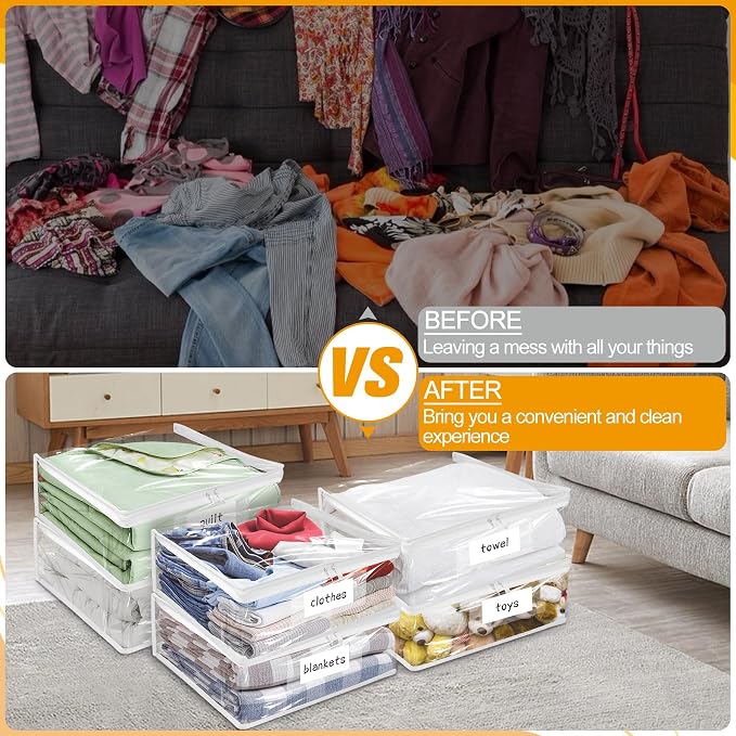 Kikerike Plastic Storage Bags with Easy-Glide Zipper, Pack of 6, Durable Clear Vinyl Zippered Storage Bags for Clothes Sweaters Comforters Blankets Sheets Bedding (15 x 12 x 5 Inch, White)