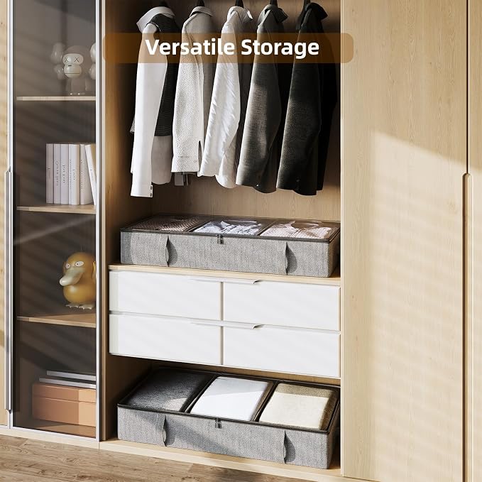 Vailando Storage Containers, 6 Inches Tall 60L Underbed Storage Bins Sturdy Handles & Reinforced Sidewalls, Closet Organizer for Clothes, Blankets, Seasonal Items, Linen Gray, 2-Pack
