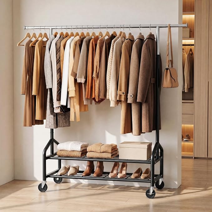 Heavy Duty Clothes Rack, Rolling Clothing Rack Load 650 LBS for Hanging Clothes with 2 Sturdy Shelves, Metal Garment Rack with Wheels for Bedroom, Retail Store, Silver-Black, Large
