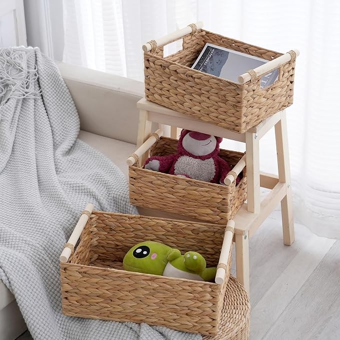 Woven Storage Baskets, Wicker Shelf Baskets, 3-Pack, 3 Sizes | 3-piece rectangular woven basket set in small, medium and large sizes; natural wicker organizers for shelves and cabinets.