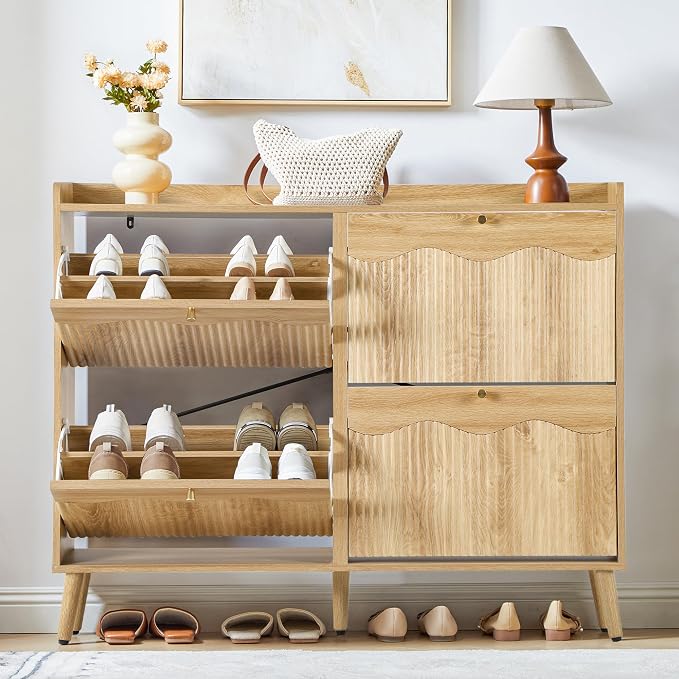 BERRYMERRY Natural 47.2” Shoe Storage Cabinet with 4 Flip Drawers | narrow,entryway,adjustable feet,32 pairs shoe,shoe organize,hidden shoe rack,fluted panel,wave pattern,wood,space saving