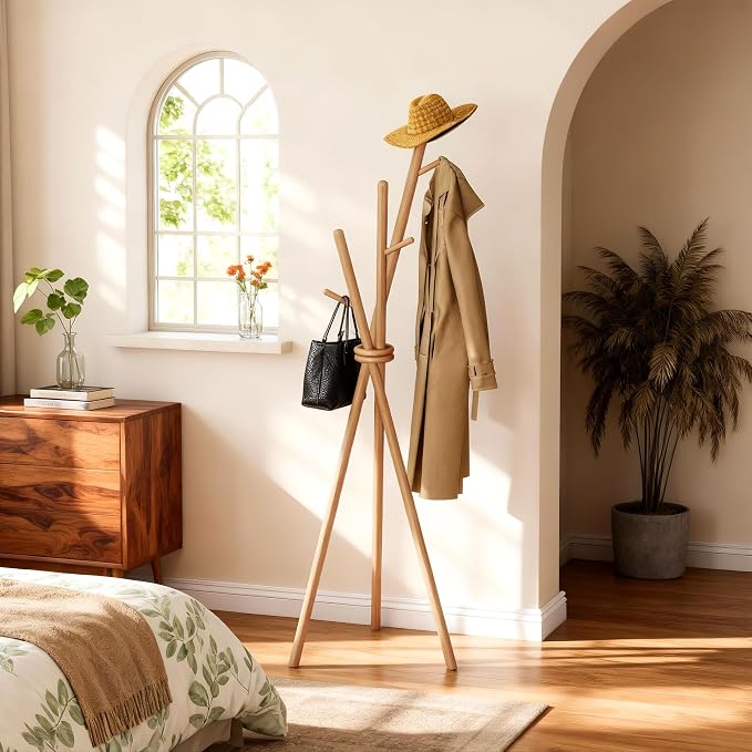 VICITON Wooden Coat Rack, Tripod Coat Tree Freestanding with 3 Hooks for Clothes, Hats and Handbags, Coat Hanger Stand for Bedroom, Living Room, Entryway (Light)