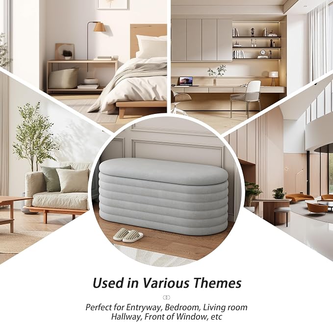 Ball & Cast Storage Ottoman Bench, 40" Chenille Upholstered Storage Bench for Bedroom End of Bed,Oval Ottoman with Storage,Entryway Bench with Safty Hinges for Living Room,Light Grey