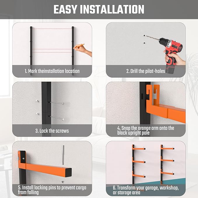 Lumber Storage Rack, Snap-Fit Connection Lumber Rack Wall Mount, Heavy Duty Metal 4 Level-32 Inch Wood Storage Rack