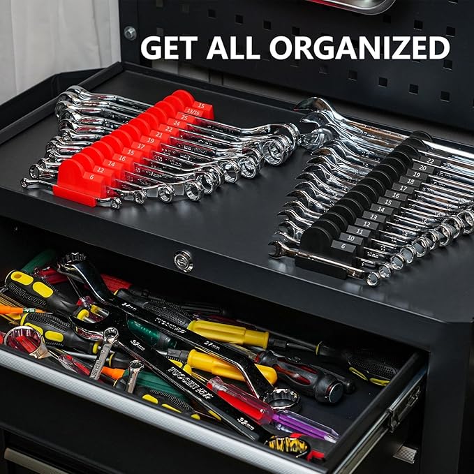 DEHOYI 48 pcs Magnetic Modular Wrench Organizers for Tool Drawers - Wrench Rack with Metric&SAE Labels, Perfect Tool Storage Holder with Magnet. Gift for mechanics (Red)