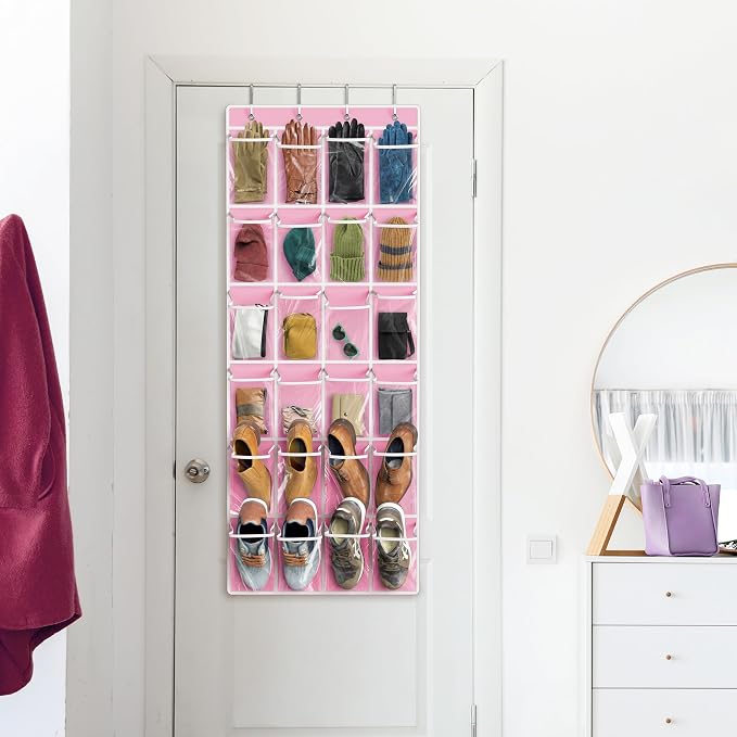 Simple Houseware 24 Pockets Large Clear Over the Door Shoe Organizer, Pink | 56" x 22.5", 4 Durable Metal Hooks, 5" x 9" Pocket Size, Multipurpose