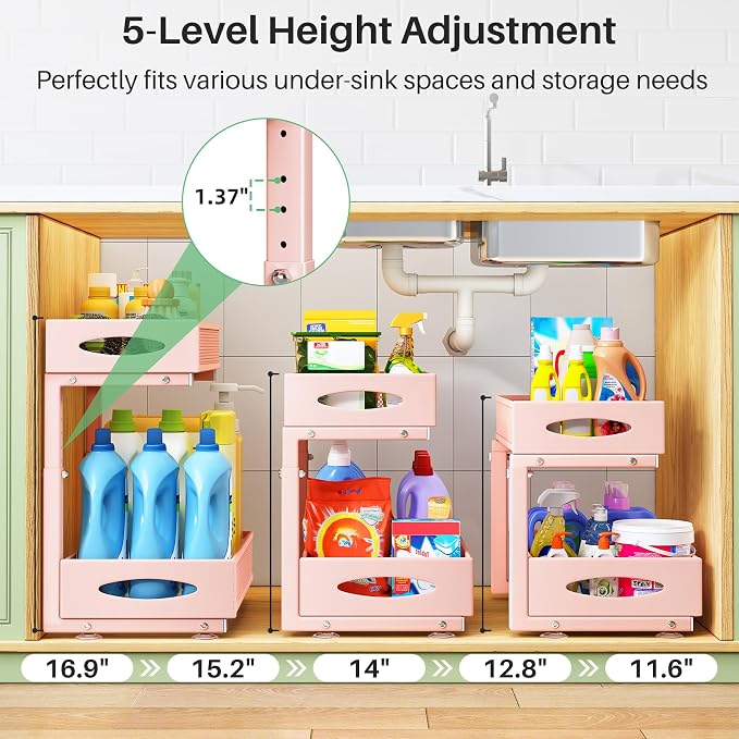 2 Pack Under Sink Organizer, 2 Tier Pull out Cabinet Organizer Mesh Baskets with 5 Adjustable Heights, Sliding Drawers Storage Shelf for Home, Kitchen, Bathroom, Pantry, Office, Countertop ,Pink
