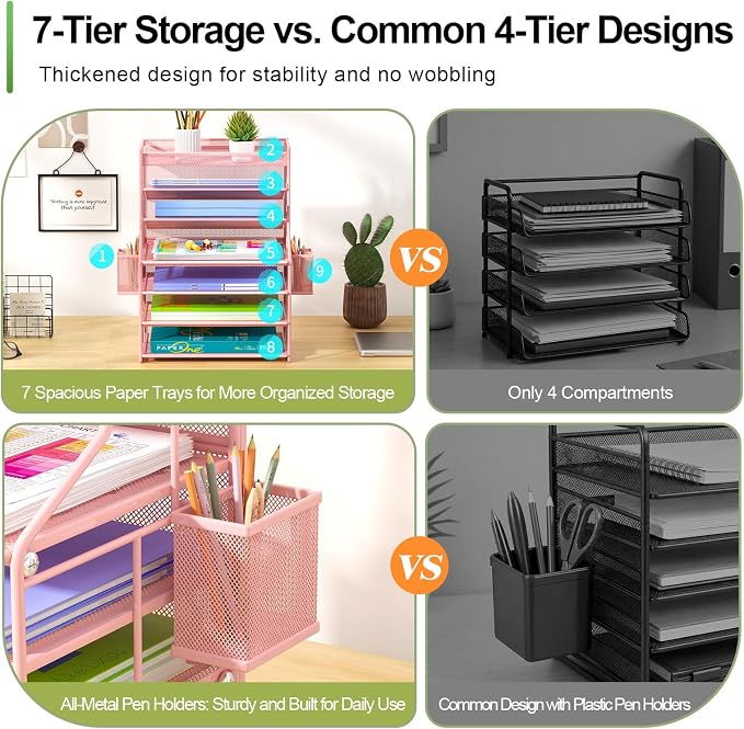 Pink 7 Tier Desk File Organizer, Metal Letter Tray Paper Organizer with Pull-Out Drawer, Removable Pen Holder & Hanging Basket, Vertical Desktop File Holder for Home Office, Classroom