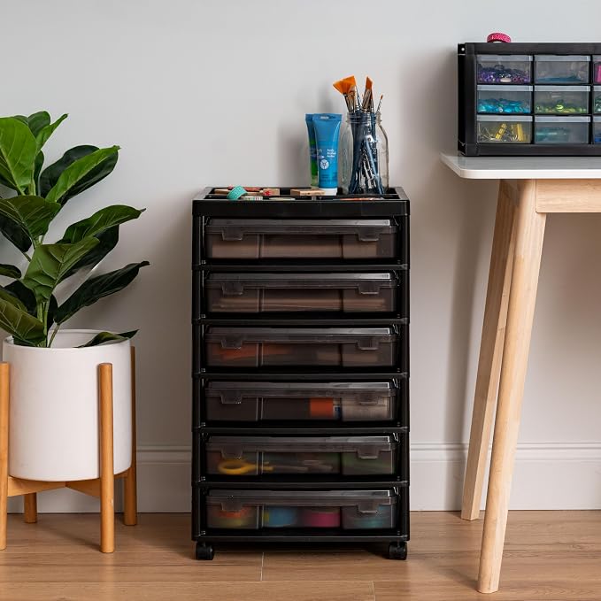 IRIS USA Rolling Cart with Drawers |Made in USA| 6-Tier Cases - Black/Gray | Fits 12"x12" Paper, Built-In Handles, Storage Unit with Supply Top for Craft, Art, Office Supplies, Pens & Pencils