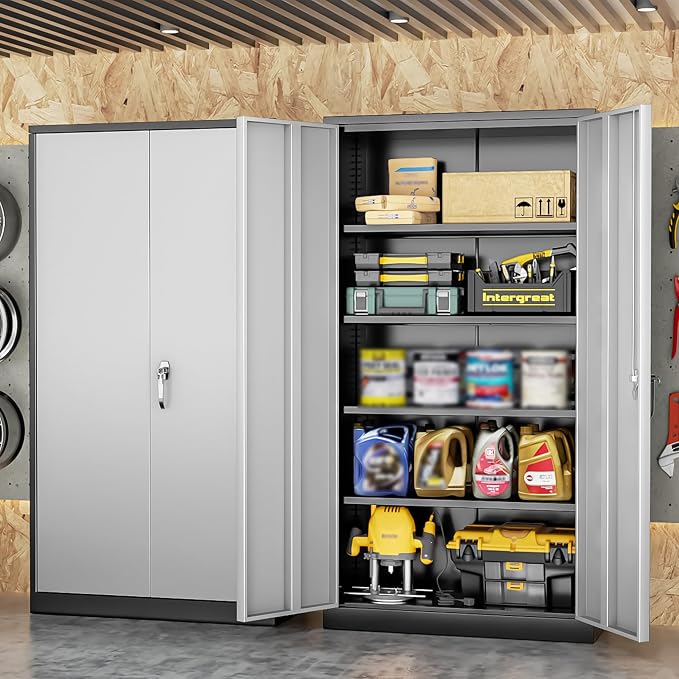 INTERGREAT Metal Storage Cabinet, 72” H Storage Cabinet with 2 Doors and 4 Adjustable Shelves for Office, Home, Garage, Pantry (Assembly Required, Black Grey)