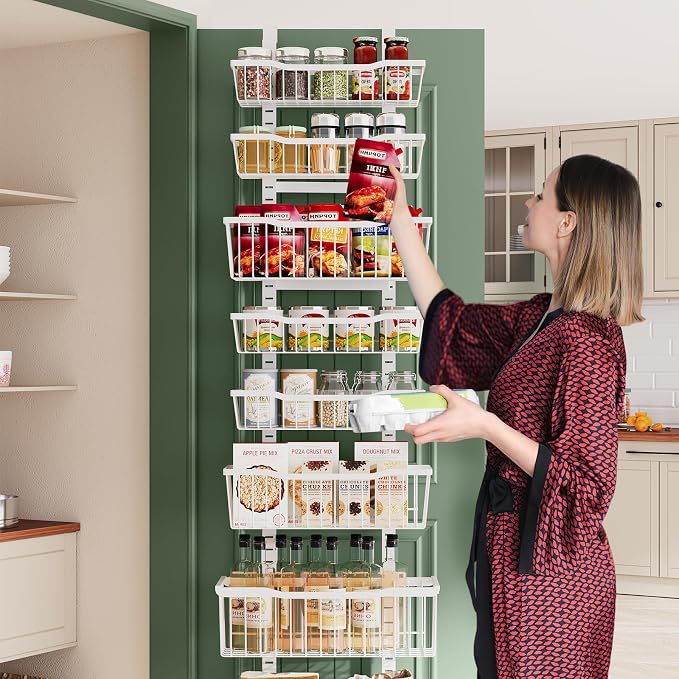 Eastherry Over The Door Organizer,8-Tier Over The Door Pantry Organizer with Adjustable Baskets,Metal Hanging Pantry Organizers and Storage for Kitchen, Back of Door Seasoning Rack (White)
