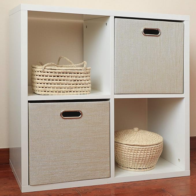 Posprica Storage Cube Basket Bins,13×13 Foldable Storage Boxes for Closet Organizer Shelf Cabinet Bookcase,Thick Fabric Drawer,Set of 4, Beige