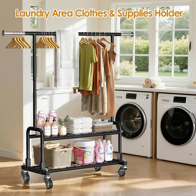 Luxspire Rolling Heavy Duty Clothes Rack with 2 Sturdy Shelves Load 600 LBS | Zinc-iron alloy frame, lockable silent wheels, adjustable extendable rods for bedroom and laundry room garment storage