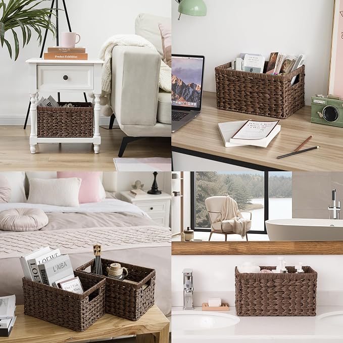 GRANNY SAYS Wicker Storage Baskets for Shelves, Wicker Baskets for Organizing, Waterproof Woven Basket for Pantry, Rectangle Basket for Shelf, Brown, 2-Pack