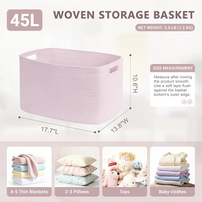 45L Small Woven Laundry Basket Hamper with Handles, Pink | collapsible wicker hamper, storage for dirty clothes, toys, blankets, gifts, living room, bedroom, bathroom, 18"x14"x11"