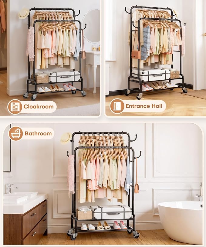 Homde Sturdy Garment Rack for Bedroom: 265 lbs Heavy Duty Clothes Organizer | 2 Hanging Rods Hold Coat to T-Shirt - Easy Roll & Park on Wheels - Metal Frame Stays Solid & Stable at Full Load