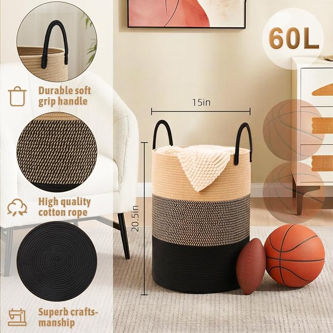 Artfeel Laundry Basket,Woven Cotton Rope Laundry Hamper,60L for Decorative Storage of Dirty Clothes,Toys and Blankets in Bathroom,Bedroom and Living Room