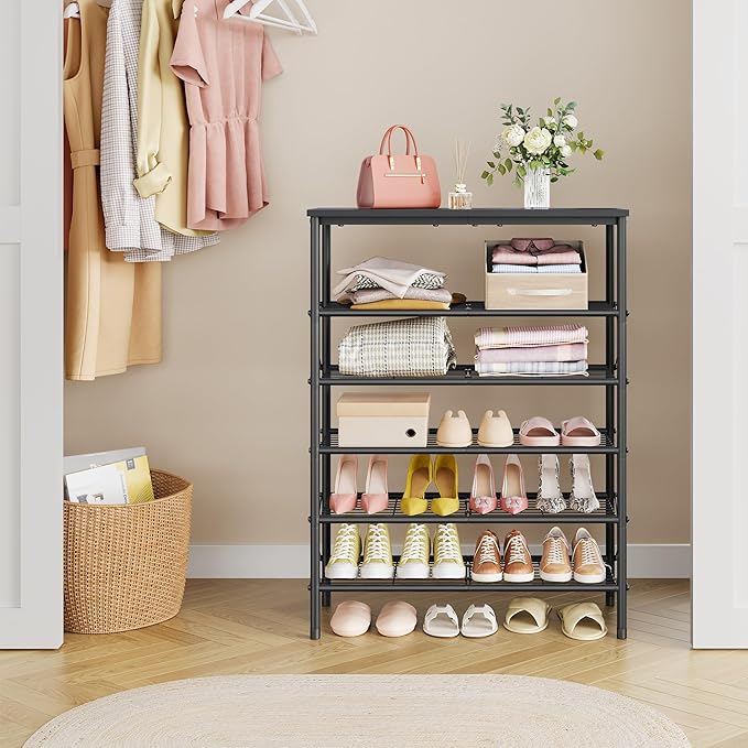 6 Tier Shoe Rack for 20-24 Pairs of Shoes, Black | Sturdy & Durable, X Shape Fixed Frame, Metal Mesh Shoe Shelf, Industrial, For Closet, For Entryway Shoe Storage