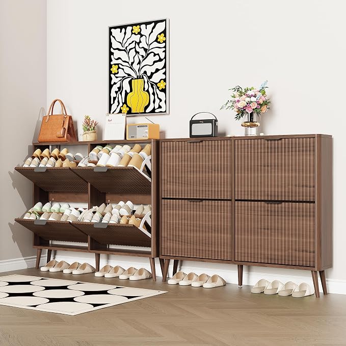KIGOTY Narrow Shoe Storage Cabinet, Shoe Cabinet with 4 Flip Drawers, Freestanding Shoe Organizer with Legs for Entryway, Slim Shoe Rack Cabinet for Enterway (Walnut, 4 Flip Drawer)