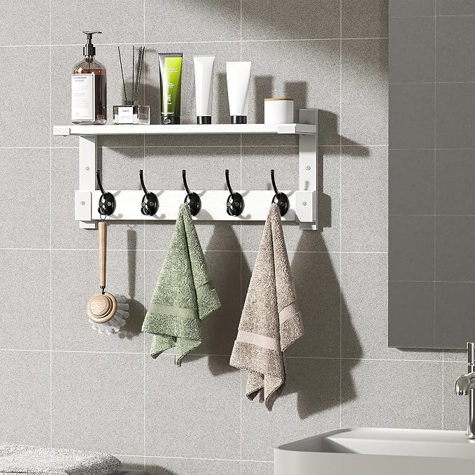 Oraich Wall Hooks with Shelf, Coat Rack Wall Mount for Coat Backpack Key Clothes Hanger, Wall Floating Shelf Hanging in Entryway, Living Room, Bathroom, Bedroom, Kitchen(White)