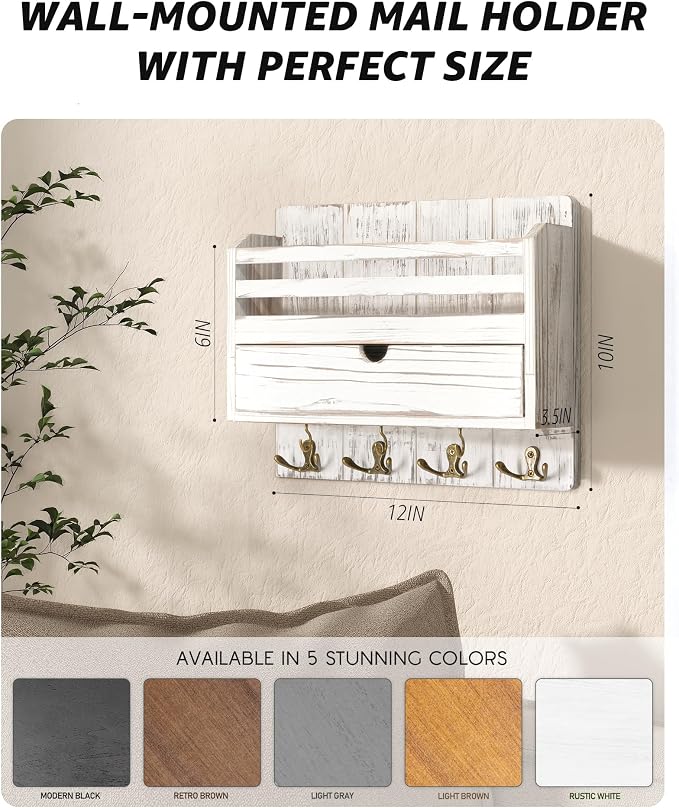 Rebee Vision Mail Organizer Wall Mount with Drawer for Entryway, Whitewash | Key and Mail Holder for Wall, 7 Key Hooks, Drawer Storage, Mail Sorter, Key Hanger Home Organization, Apartment Essentials