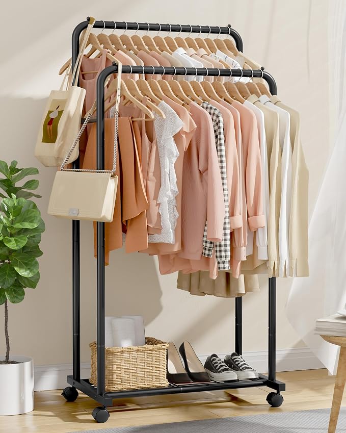 Sakugi Clothes Rack - Clothing Rack with Storage Mesh Shelf & Casters, Heavy-Duty Metal Clothing Rack for Hanging Clothes, Dresses, Coats, Large Load Capacity, Easy Assembly, Black, 28.0"x16.0"x59.0"