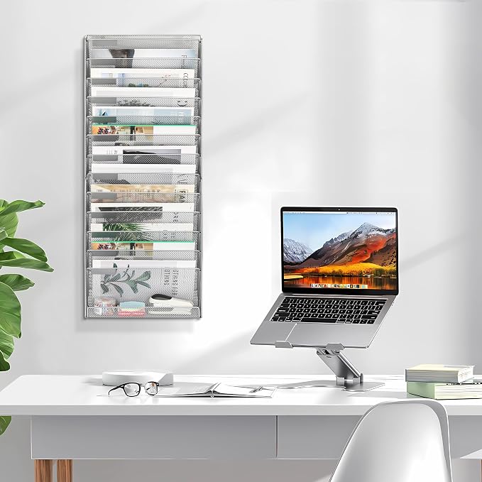 EasyPAG Wall File Holder 14 Tier Mesh Hanging Folder Organizer with Flat Tray Wall Mounted Mail Organizer Magazine Paper Desk Shelf with Nametag Label for Office Home School, Silver