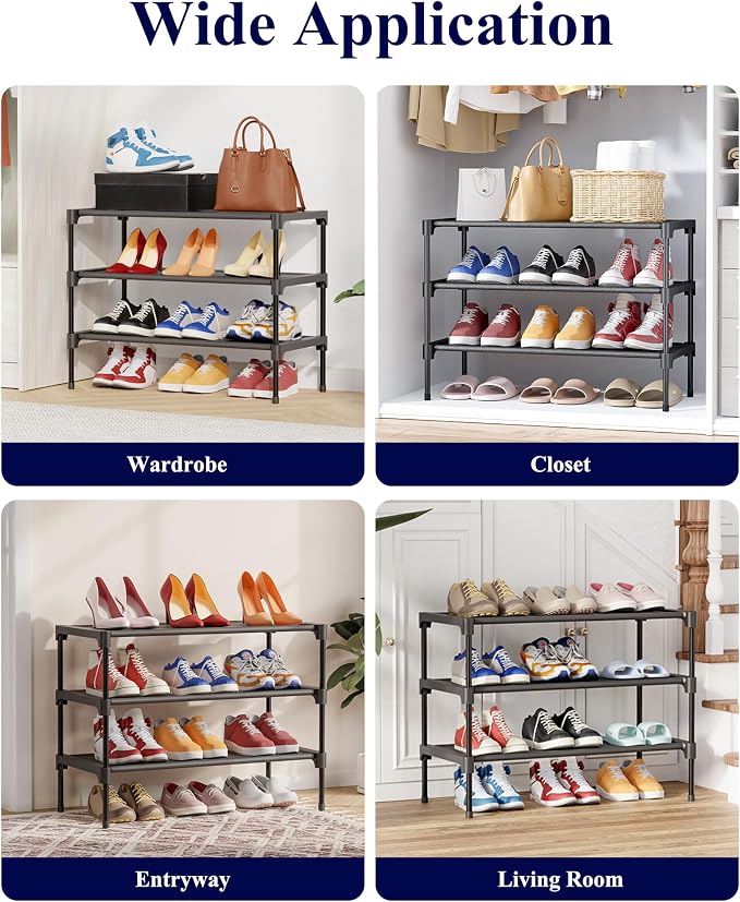 Kitsure Shoe Rack - Non-Woven Shoe Rack Shelf, 27.5" Wide - 3 Tier, Black | Shoe Organizer for Closet, Entryway, Garage, Stackable Shoe Shelves, college dorm&apartment essentials