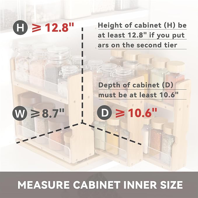 Bamboo Pull Out Spice Rack Organizer for Cabinet, 3 Slide-Out Drawers(2"&3") with Wide Drawer for Large Bottles, Kitchen Pantry Heavy-Duty Sliding Vertical Organization, 8.6"W,2-Tier,Natural