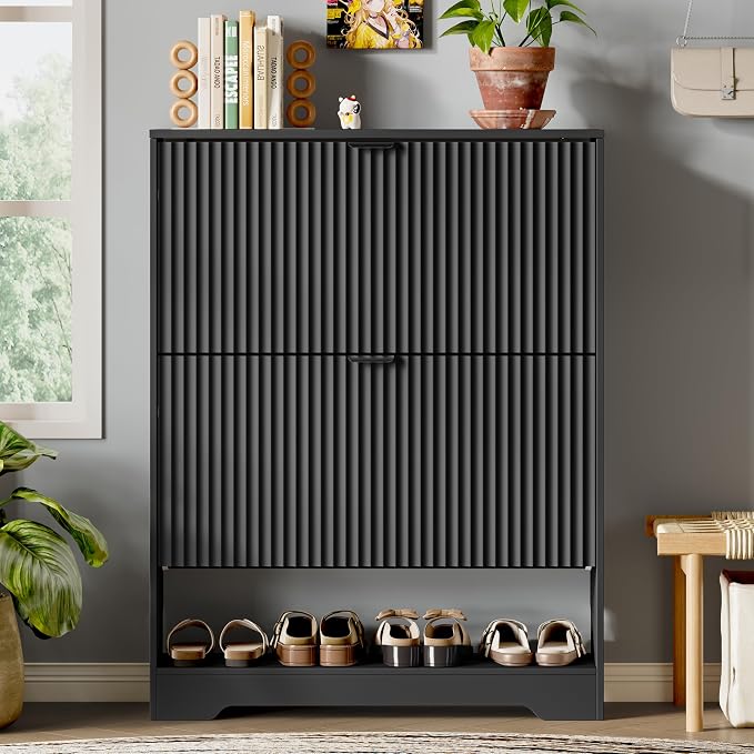 Xixini Shoe Storage Cabinet for Entryway with 2 Flip Drawers, Hidden Slim Wood Shoe Organizer with Modern Fluted Panel, Freestanding Narrow Shoe Rack for Front Door Entrance, Hallway, Foyer, Black