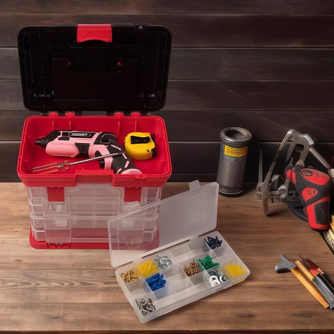 Stalwart Portable Tool Box Small Parts Organizer with Drawers, Red | Customizable Compartments for Hardware, Fishing Tackle Box, Beads, or Craft Supplies