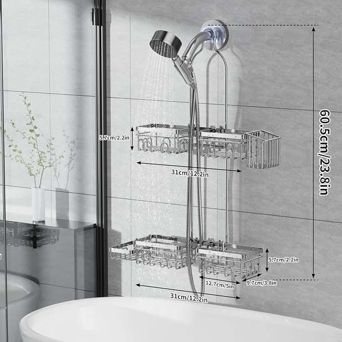 KEGII Hanging Shower Caddy for Handheld Showerheads, Silver | Rustproof Over Showerhead Organizer with Soap Dish, Toothbrush Holder and Hooks for Bathroom Shower Storage