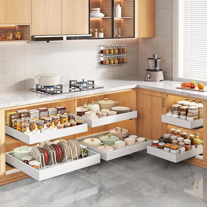 Seinloes 6 Pack Pull Out Cabinet Organizers 21" Deep With Raising Pad for Framed Cabinets, Expandable Slide Out Drawers with 4pcs Divider Racks, Roll Out Shelves, Adjustable Width 12"-20.45" White