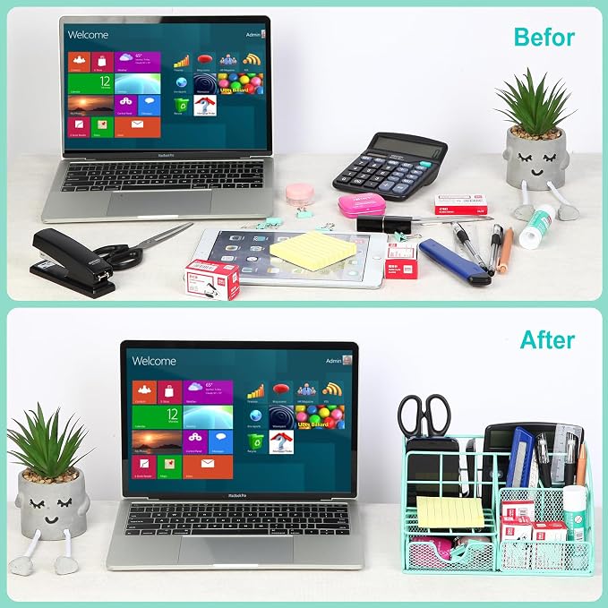 KAAKOW Green Desk Organizers and Accessories Office Supplies Set Stapler, Pen Holder, Phone Holder, Scissors, Pen, Ruler, 30 Paper Clips, 22 Binder Clip, 20 Tacks and 1000pcs Staples