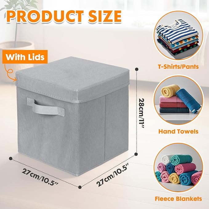 ShellKingdom Storage Bins, Foldable Fabric Storage Cube with Lid for Closet | Clothes Storage Organizer Drawer For Closet Toys Storage, 10.5 X 10.5 X 11 INCH, 2 Pack (Grey)