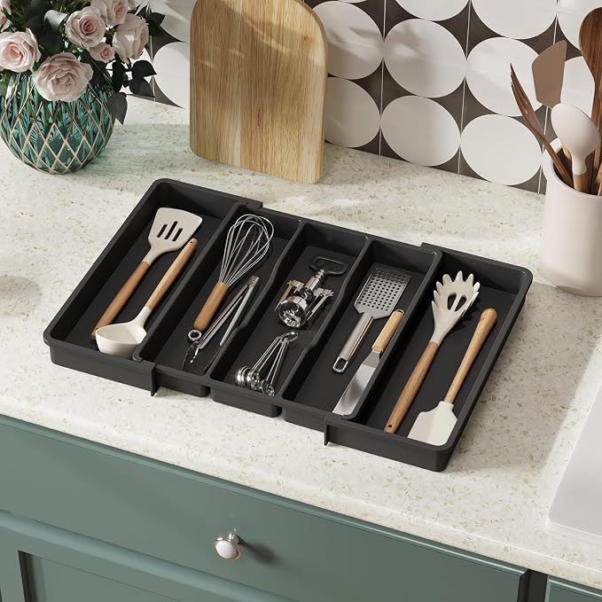 Lifewit Utensil Organizer for Kitchen Drawers, Expandable Cooking Utensil Tray, Adjustable Cutlery Silverware Flatware Holder, Plastic Spatula Tools Storage Divider, 13-22 x 15", Black