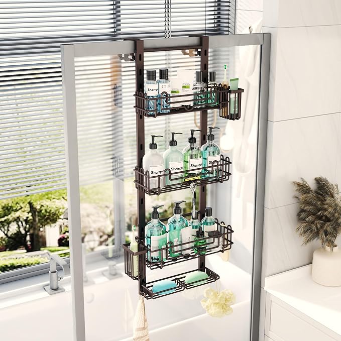 HapiRm 4 Tier Over the Door Shower Caddy, Hanging Shower Caddy with 22 Hooks and 2 Toothbrush Holders, No Drilling Adjustable Hanging Bathroom Organizer - Bronze